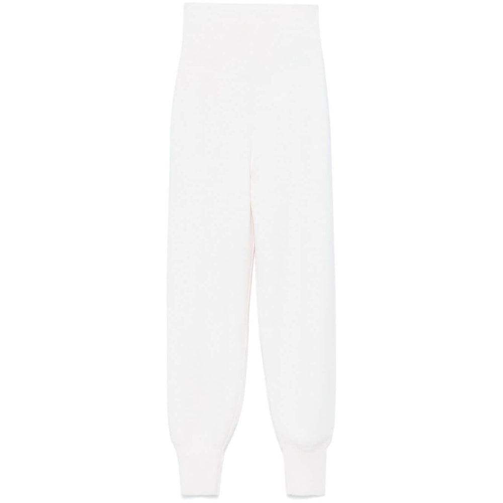 Chloé Chloè Trousers White, high-waisted wool knit, elasticated ribbed waistband, tapered leg, ribbed ankles, Marcie logo charm