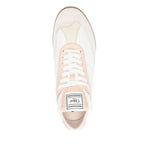 Top view of a Chloé Kick sneaker in light beige with front lace-up and padded ankle, featuring a flat rubber sole and protective dust bag.