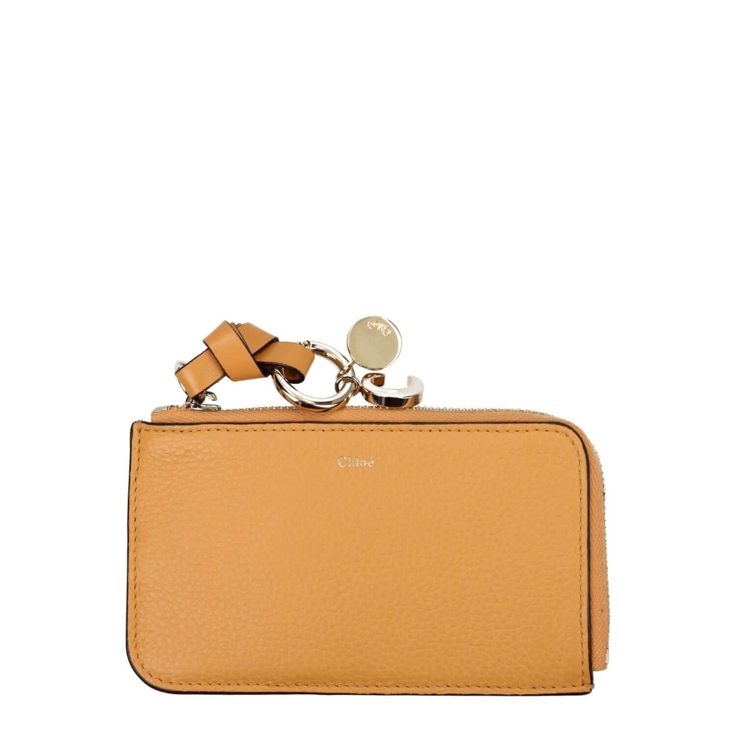 Chloé Orange Leather Wallet with gold accents and zip closure, featuring a front logo design, ideal for casual style coin purse.