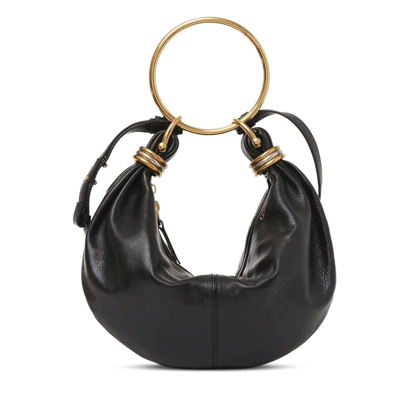 Chloé Small Bracelet Hobo Bag in black leather with gold-tone ring handle and detachable strap.