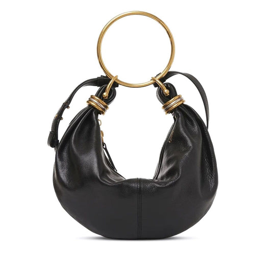 Chloé Small Bracelet Hobo Bag in black leather with gold-tone ring handle and detachable strap.