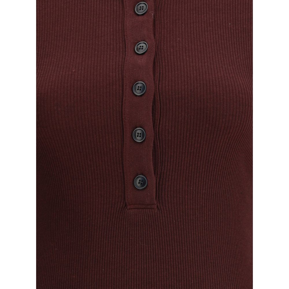 Close-up of Citizens of Humanity Bordeaux Cotton Top showing ribbed design and front button closure.