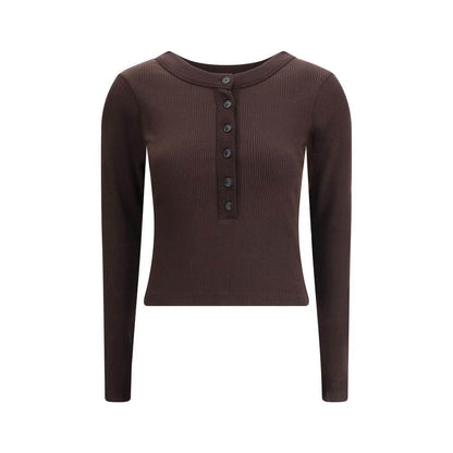 Citizens of Humanity Brown Cotton Top with long sleeves, ribbed design, round neckline, and front button closure, ideal for casual looks.