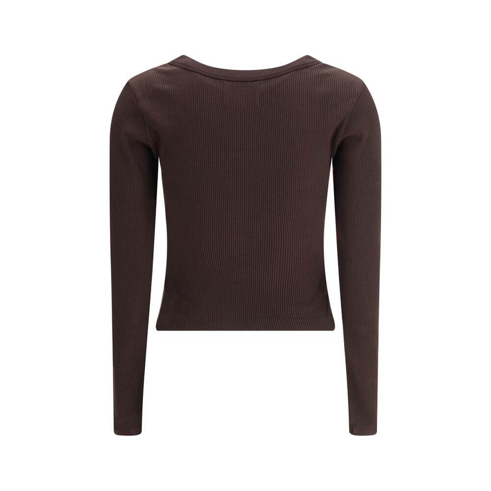 Back view of Citizens of Humanity Brown Cotton Top with long sleeves, ribbed design, and round neckline, ideal for casual looks.