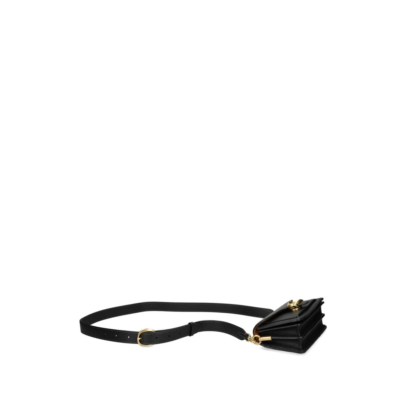 Side view of black Coach Tabby 20 leather crossbody bag with removable shoulder strap and gold accents.