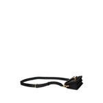 Side view of black Coach Tabby 20 leather crossbody bag with removable shoulder strap and gold accents.