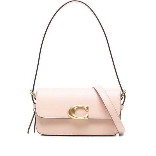 Coach Zoe leather shoulder bag in cream with gold-tone clasp and shoulder strap, rectangular shape, ideal size of Depth 7cm, Height 10cm, Width 19cm.