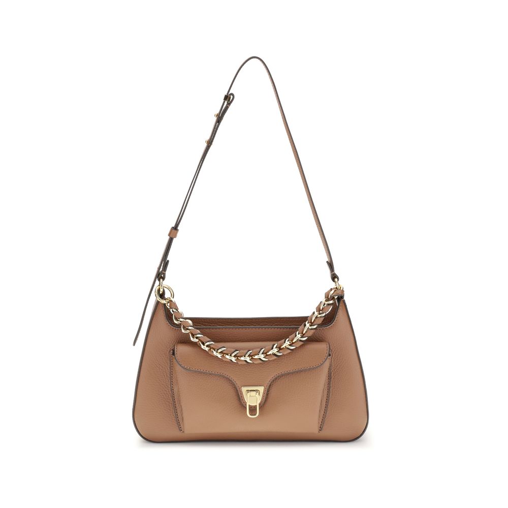 Coccinelle Beige Calf Leather Bos Taurus Shoulder Bag with gold chain handle and adjustable strap, featuring a practical open front pocket.