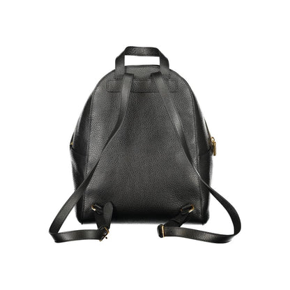 Coccinelle Black Leather Women Backpack with adjustable straps, back view showcasing texture and sleek design.