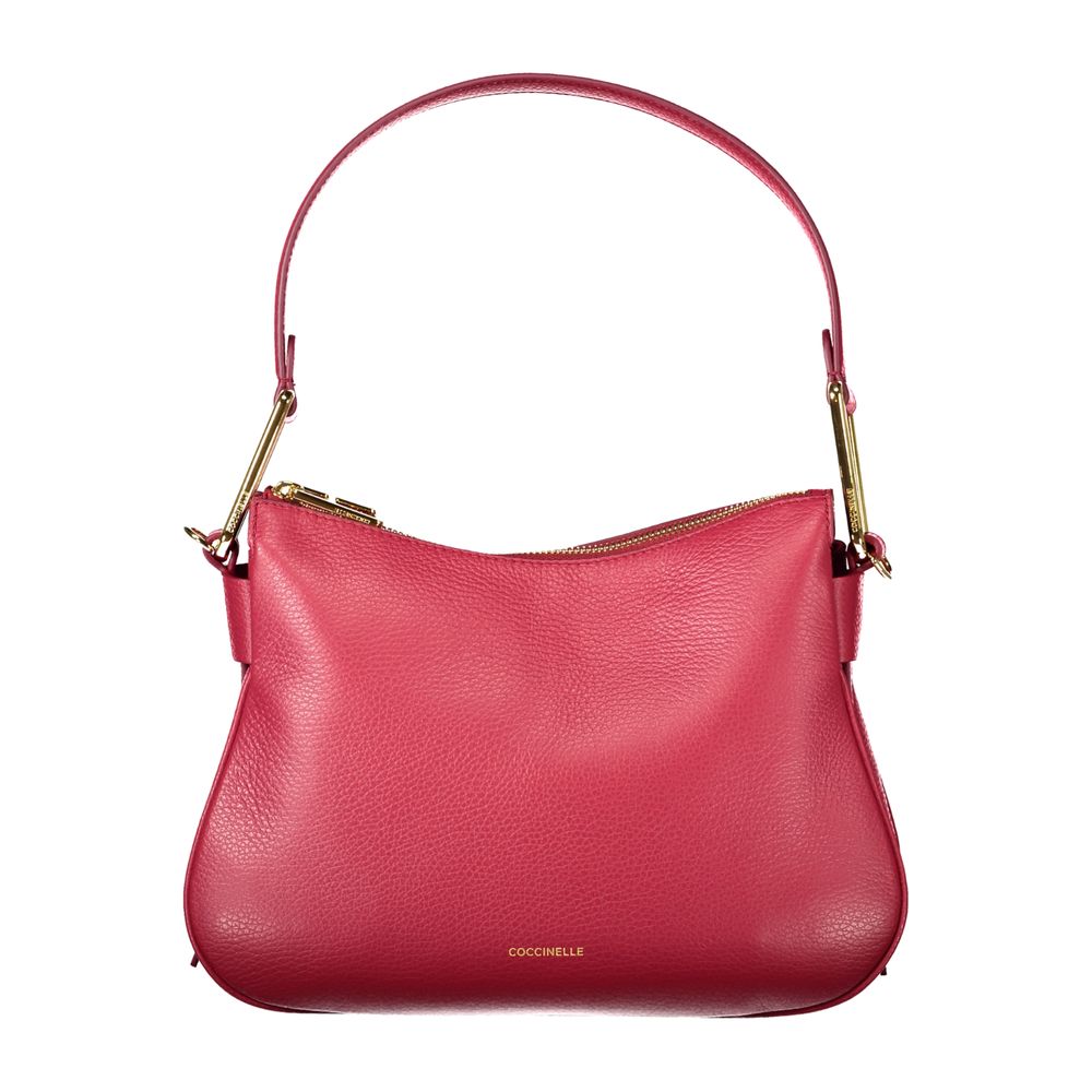 Coccinelle Red Leather Handbag with shoulder handle, zip closure, and logo. Features internal pocket and document holder spaces.