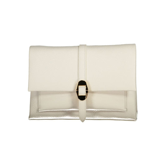 Coccinelle White Leather Handbag with adjustable strap and internal pocket, featuring zip closure and logo detail, elegant design.