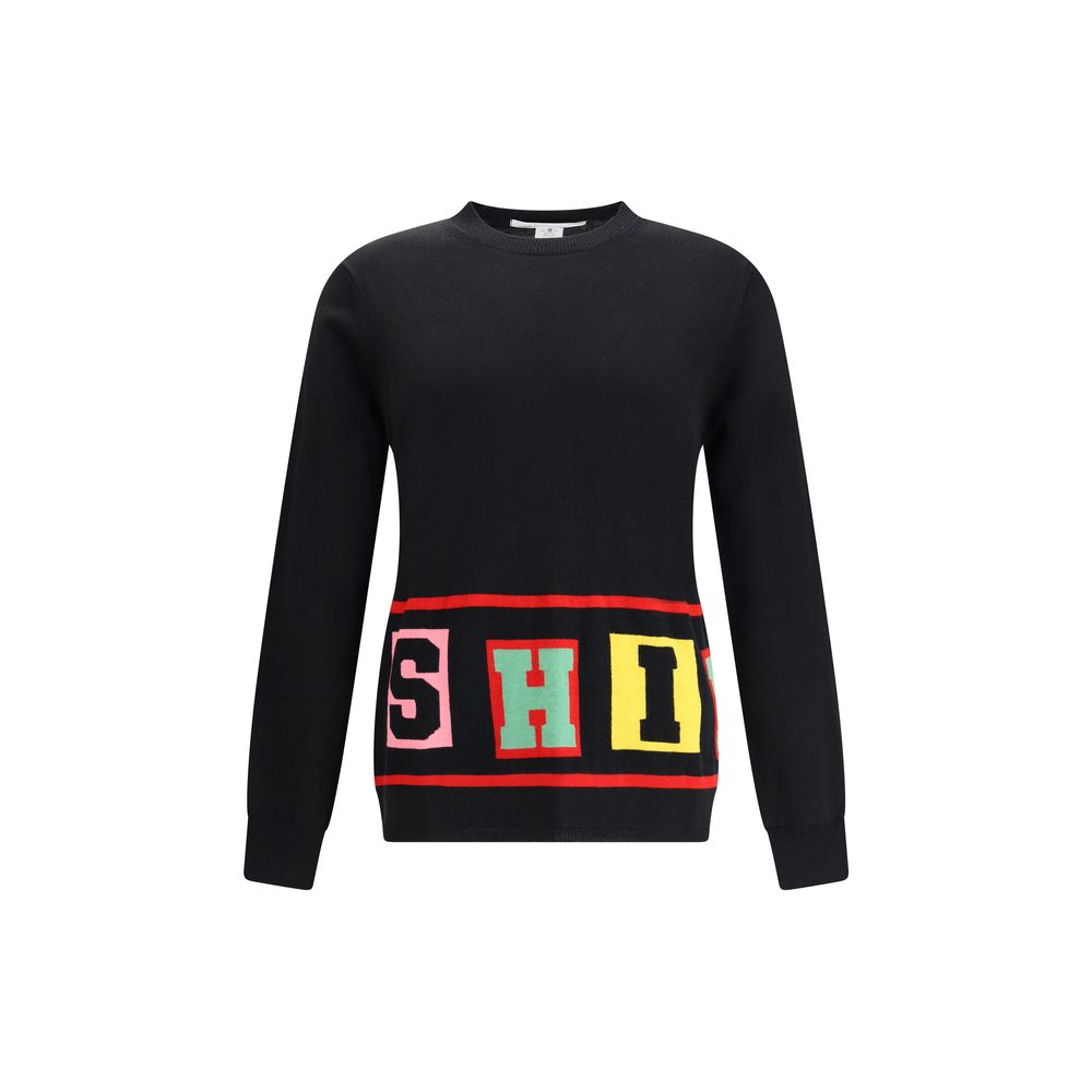 Comme Des Garçons Black Marabou Sweatshirt with colorful lettering, featuring long sleeves and a straight hem for contemporary style.