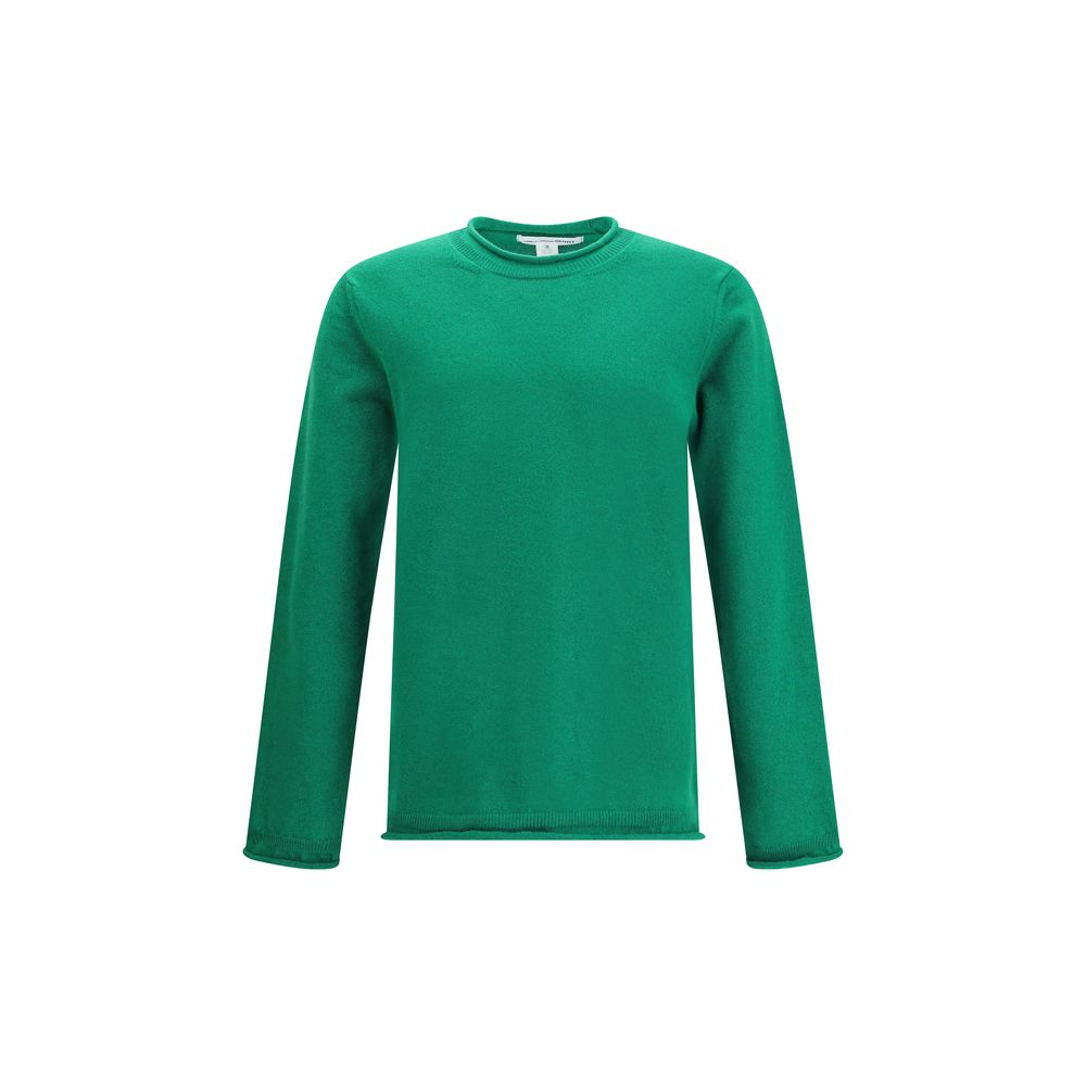 Comme Des Garçons Green Wool Sweatshirt with ribbed knit texture and round neckline, showcasing long sleeves for a refined style.