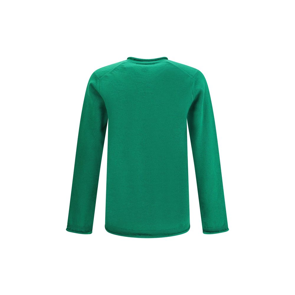 Back view of Comme Des Garçons Green Wool Sweatshirt featuring long sleeves and ribbed knit design for AW25 season elegance.