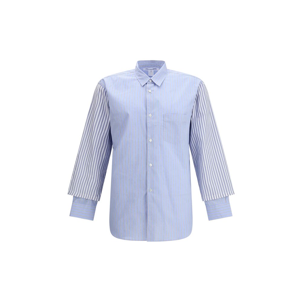 Comme Des Garçons Light Blue Cotton Pattern Shirt with subtle stripes and double cuffs for a sophisticated and contemporary look.