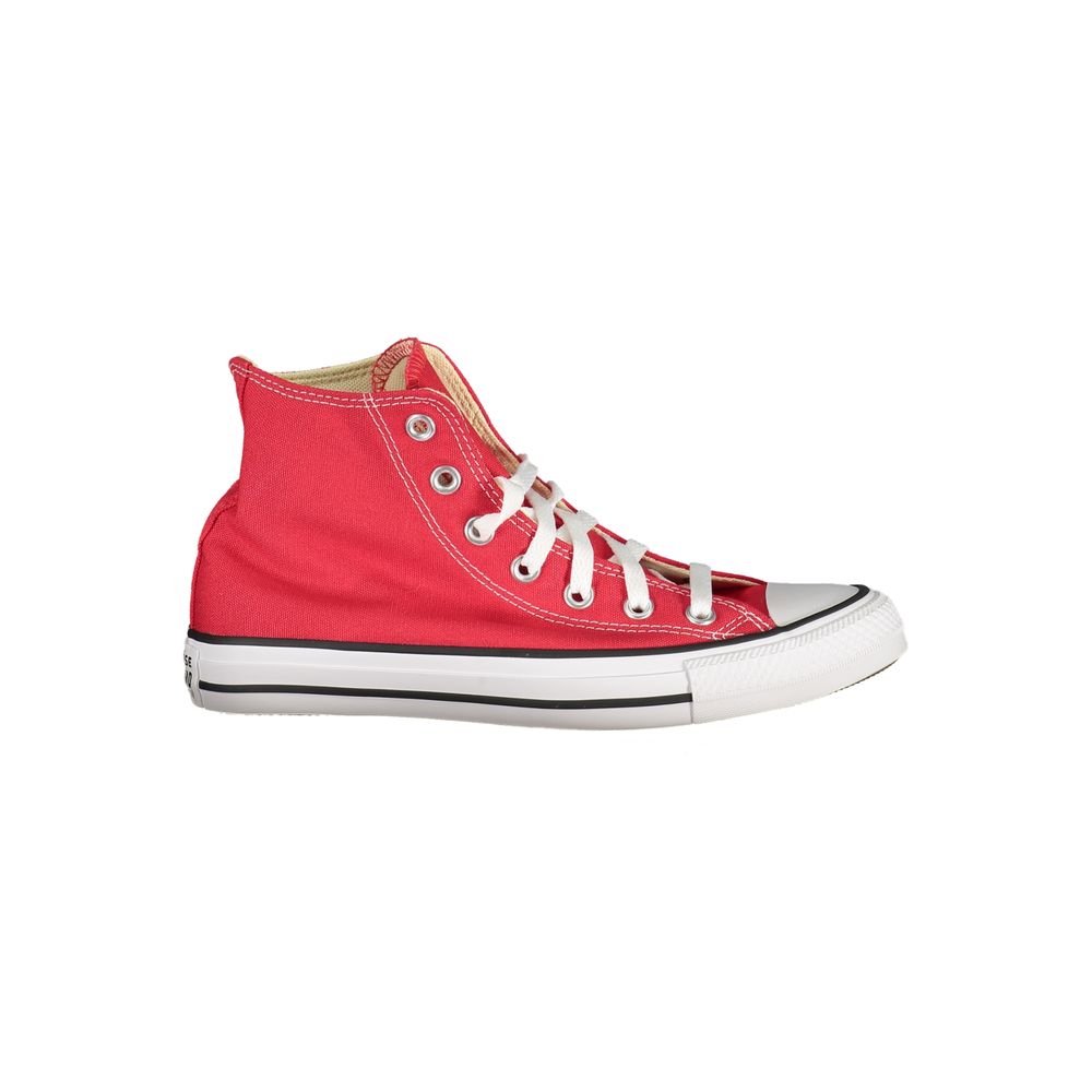 Converse Red Polyester Sneaker, high sports shoe with laces, unisex, contrast sole, logo visible.