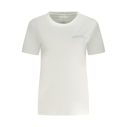 Converse White Cotton Women T-Shirt with logo, slim fit crew neck, pure cotton for breathability, iconic casual style.
