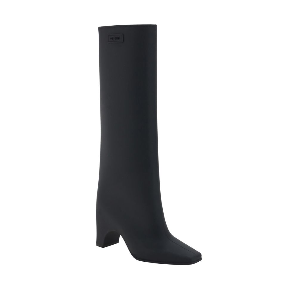 Coperni Black Rubber Over The Knee high boots with square toe and geometric heel, featuring brand’s monogram on shaft.