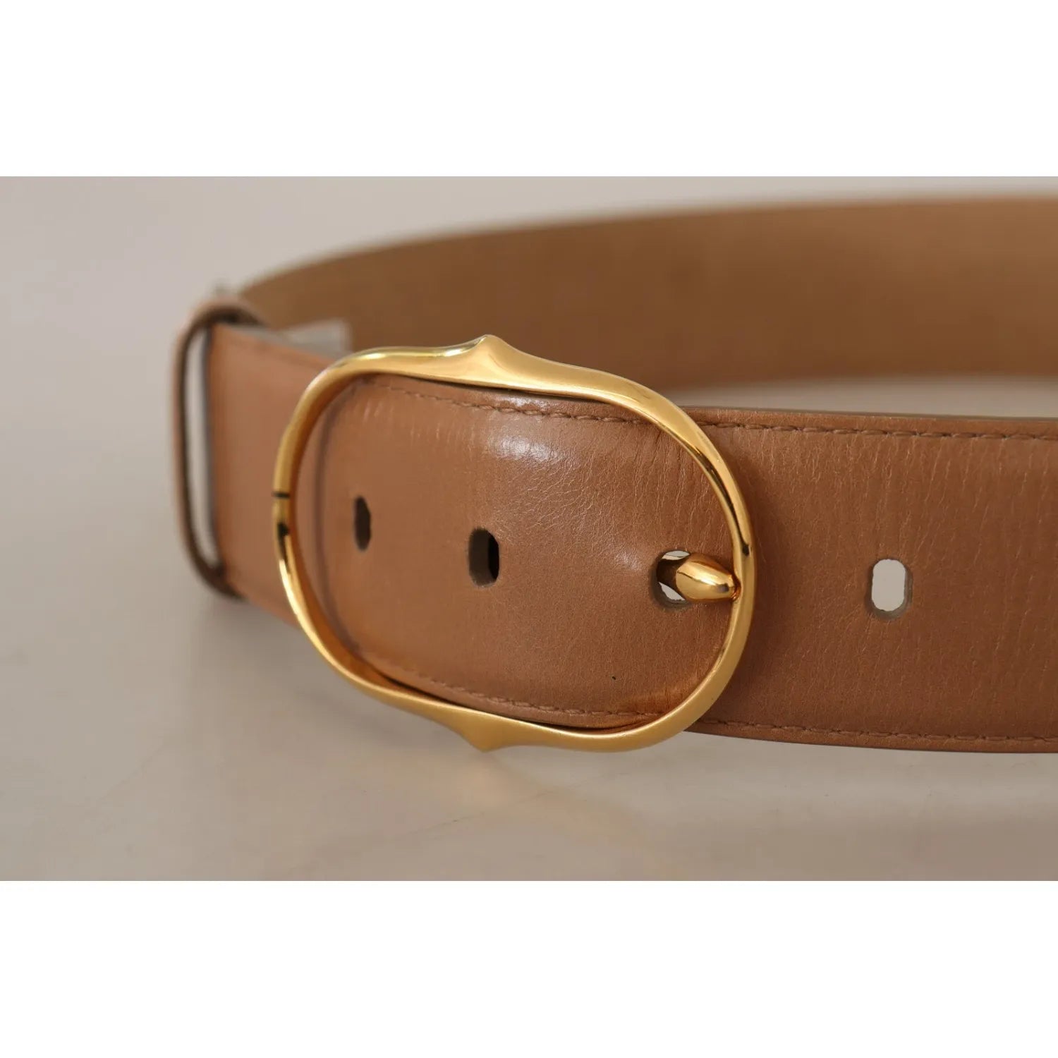 Costume National Brown Leather Gold Metal Oval Buckle Belt