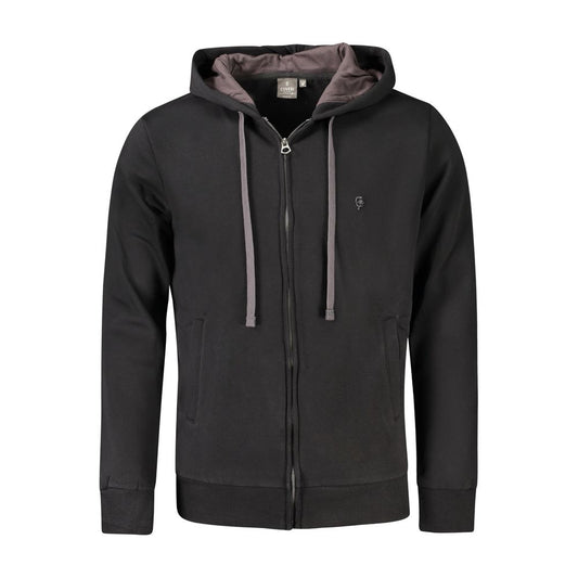 Coveri Moving Black Cotton Men Sweater with hood, zip, and logo embroidery, perfect for casual wear and made from durable cotton polyester blend.