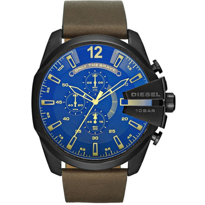 DIESEL Mod. DZ4401 Gent's wristwatch with black SS IP case, leather strap, blue dial, quartz movement, 51mm, 10 ATM water resistance.