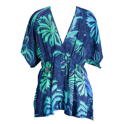 Desigual Blue Cotton Women Dress with tropical print, featuring a V-neck, short sleeves, and elastic waist for chic summer style.