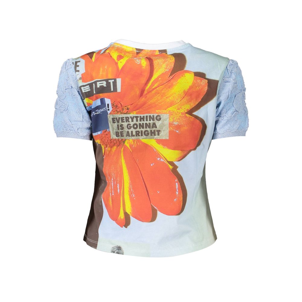 Back view of Desigual Blue Cotton Women T-Shirt with vibrant floral print and positive message.