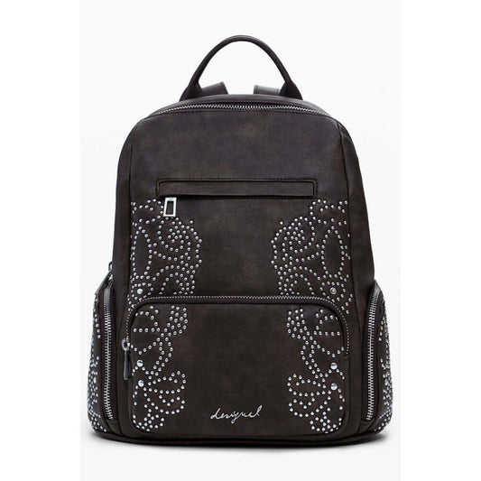 Desigual Brown Polyethylene Women Backpack with studded accents and multiple pockets.