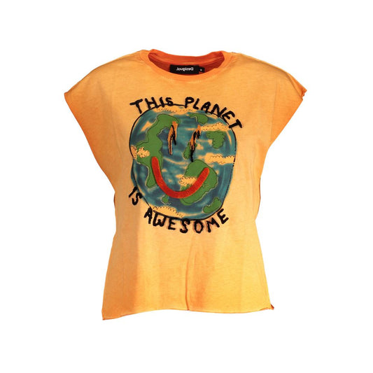 Desigual Orange Cotton Women T-Shirt with bold planet print and contrasting details for a vibrant and unique style.