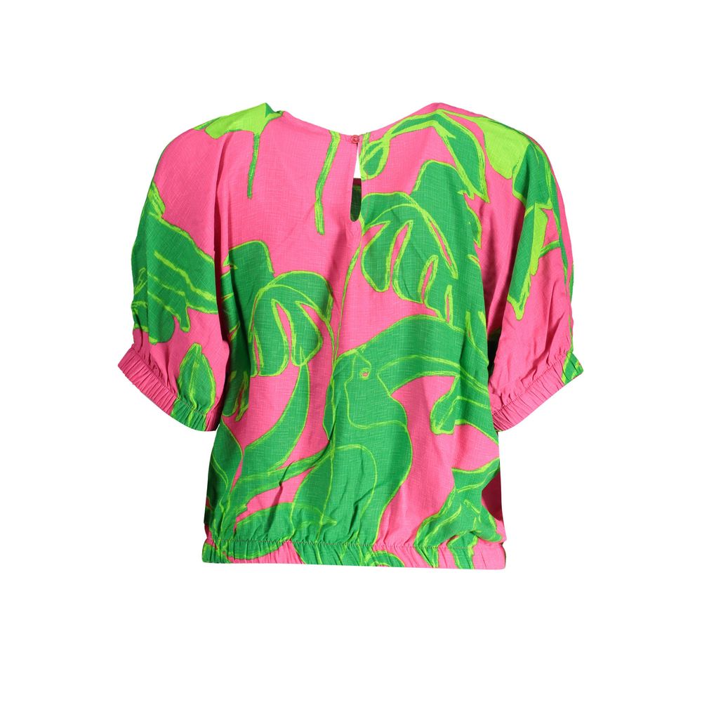 Desigual Pink Viscose Women Top with green abstract pattern, short sleeves, and back button detail.