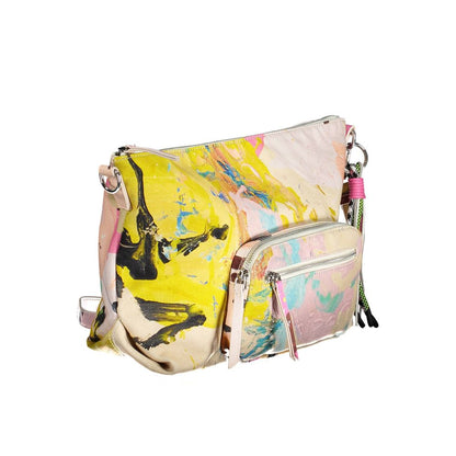 Colorful abstract print handbag with zip pockets and adjustable straps, ideal for bold fashion statements and organized essentials.