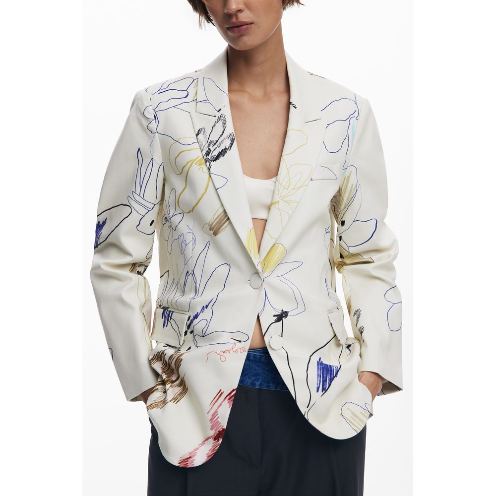 Stylish Desigual White Polyester Women Jacket with arty design and practical pockets, perfect blend of fashion and functionality.