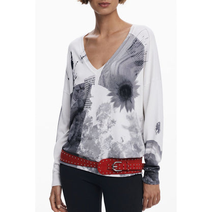 Desigual White Viscose Women Sweater with V-neck and artistic patterns, perfect for a stylish and trendy look.
