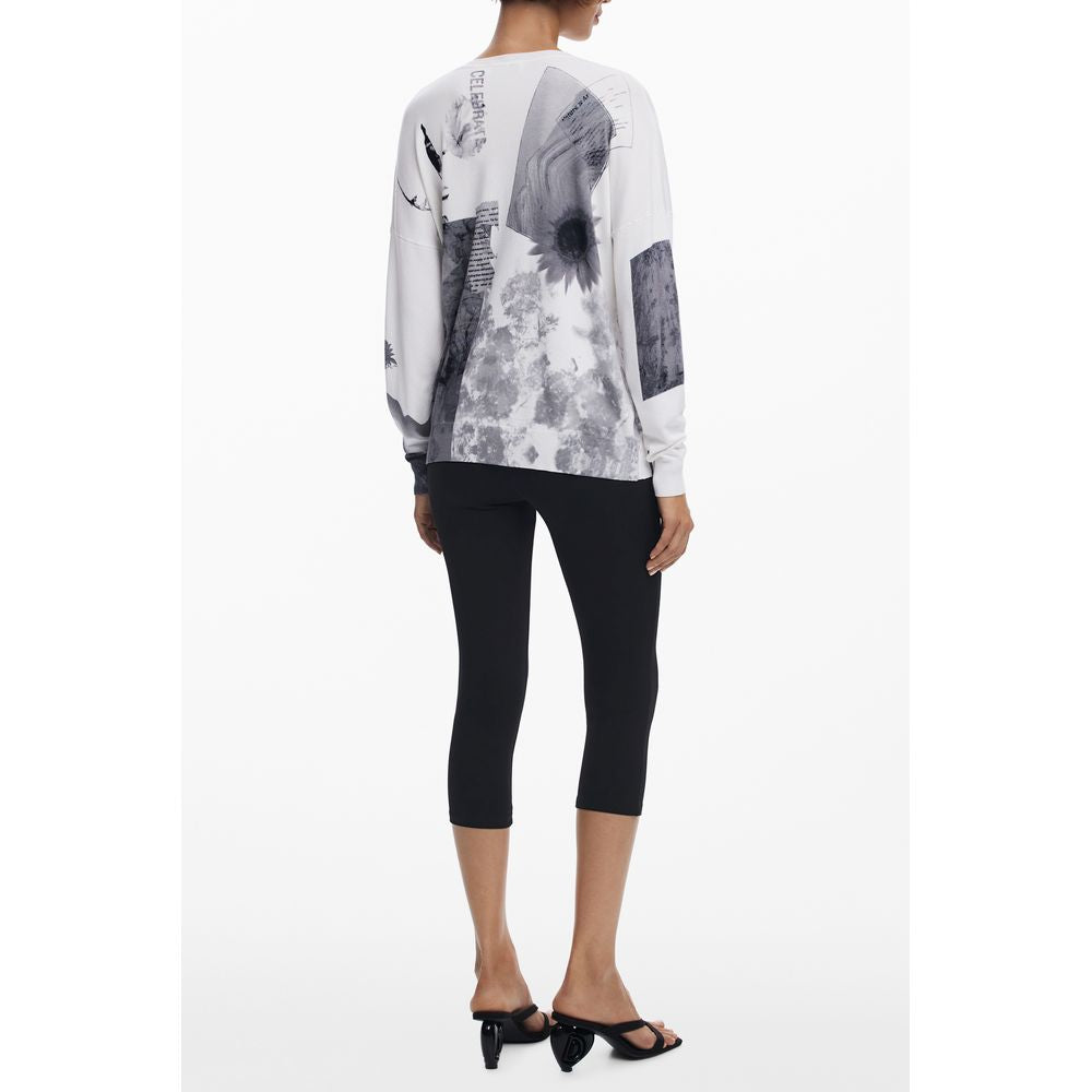 Back view of model wearing Desigual White Viscose Women Sweater with artistic patterns and black leggings.