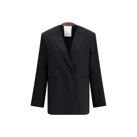 Di Stavnitser Black Polyester Blazer with raw-cut peaked lapels, concealed button closure, and welt pockets for elegant style.
