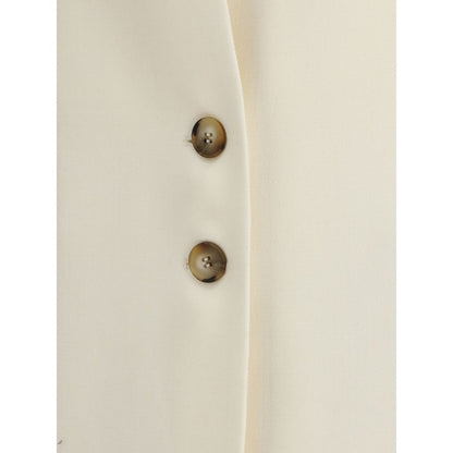 Close-up of front buttons on the Di Stavnitser White Fleece Wool Coat, featuring a structured silhouette and elegant design.
