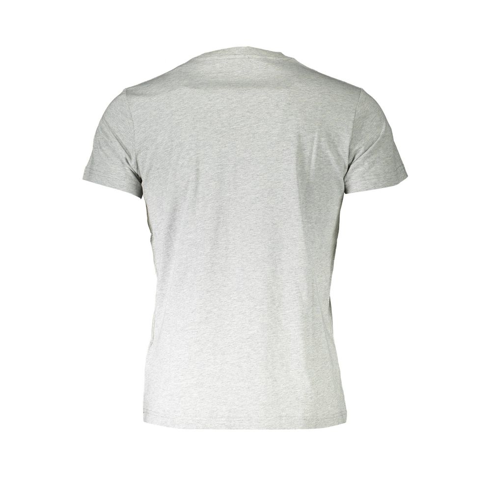 Back view of a blank grey T-shirt with short sleeves and crew neck.