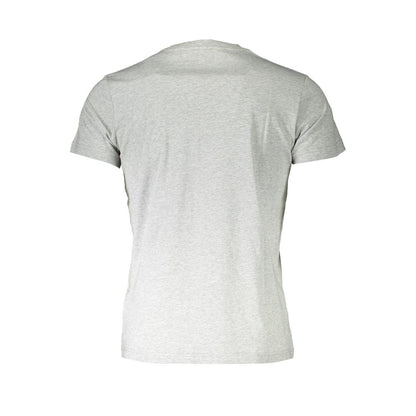 Back view of a blank grey T-shirt with short sleeves and crew neck.