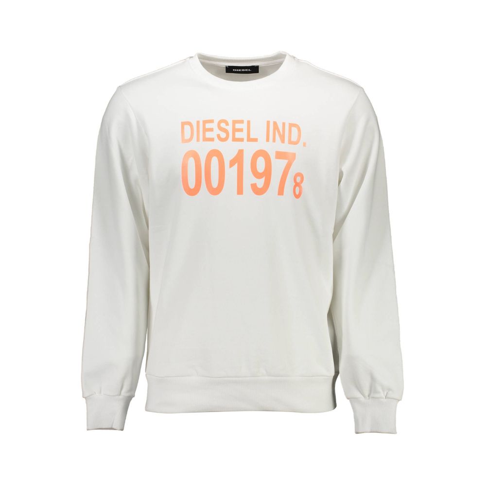 Diesel White Cotton Men Sweater with orange print, crew neck, long sleeves, and signature Diesel logo