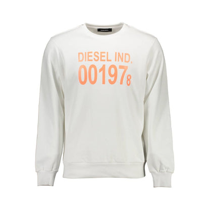 Diesel White Cotton Men Sweater with orange print, crew neck, long sleeves, and signature Diesel logo