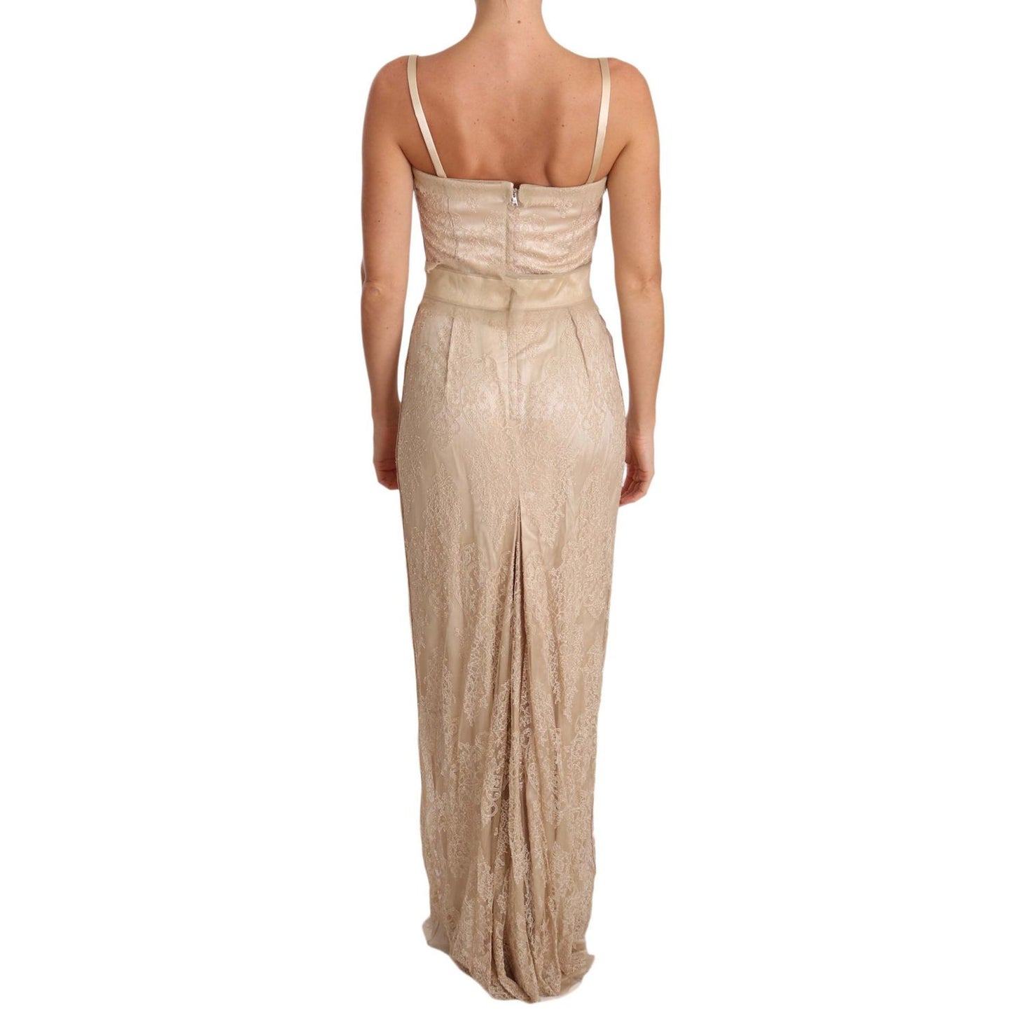 Back view of Dolce & Gabbana Beige Lace Spaghetti Strap Sheath Dress, featuring floor-length design and zipper closure.