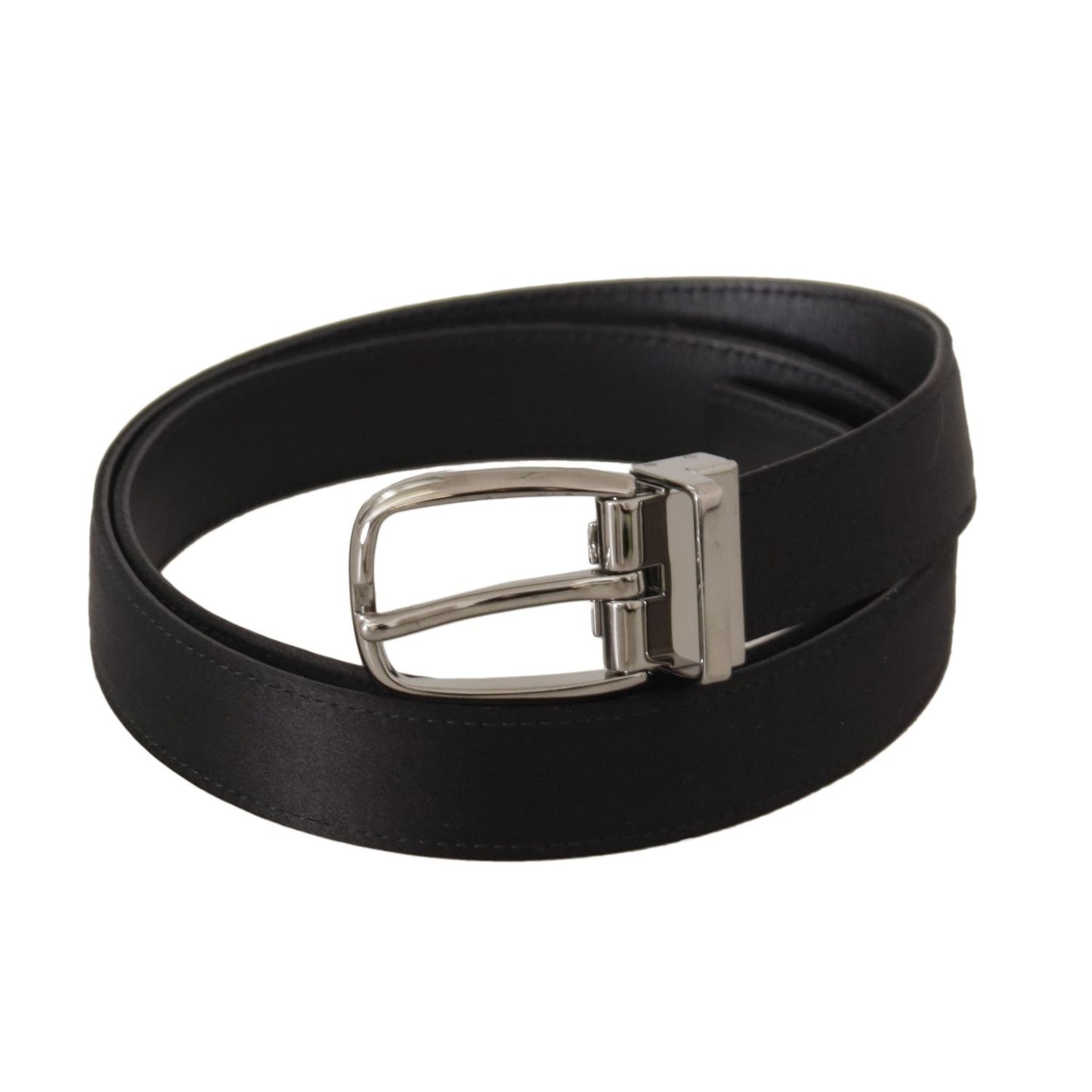 Dolce & Gabbana Black Calf Leather Silver Logo Metal Buckle Belt