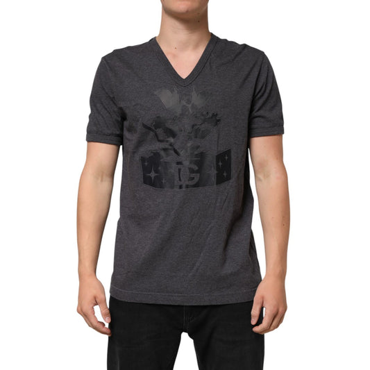 Dolce & Gabbana Black Charcoal DG Logo V-Neck Men T-shirt, luxurious cotton, sleek black, subtle graphic print, modern design.