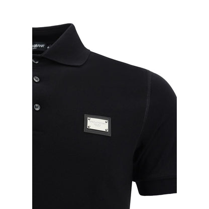 Dolce & Gabbana Black Cotton Polo Shirt with ribbed collar and engraved D&G monogram plaque.