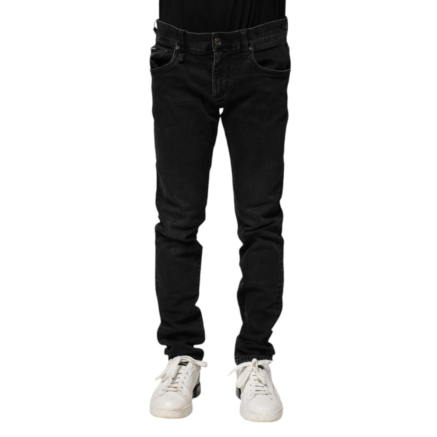 Dolce & Gabbana Black Cotton Skinny Men Denim Jeans, high-quality Italian design, featuring logo details and regular fit.