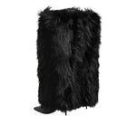 Dolce & Gabbana Black Faux Fur Pointed Knee High Stiletto Boots Shoes