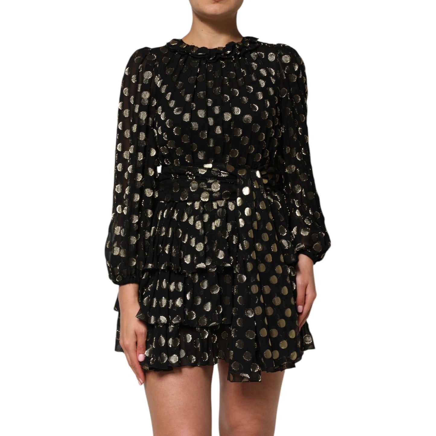 Dolce & Gabbana Black Gold Polka Dot Silk Brocade Mini Dress