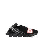 Dolce & Gabbana Black Grey Slip On Sorrento Sneakers Shoes with logo detail on a white background.