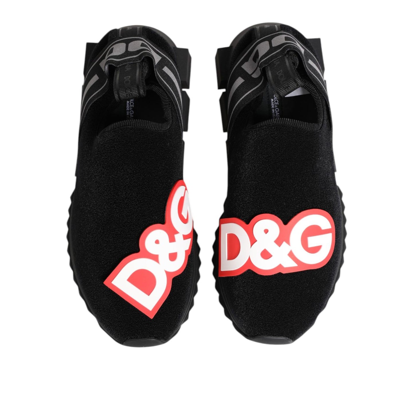 Dolce & Gabbana Black Grey Slip On Sorrento Sneakers Shoes with logo detailing, black and gray color scheme, luxury design.