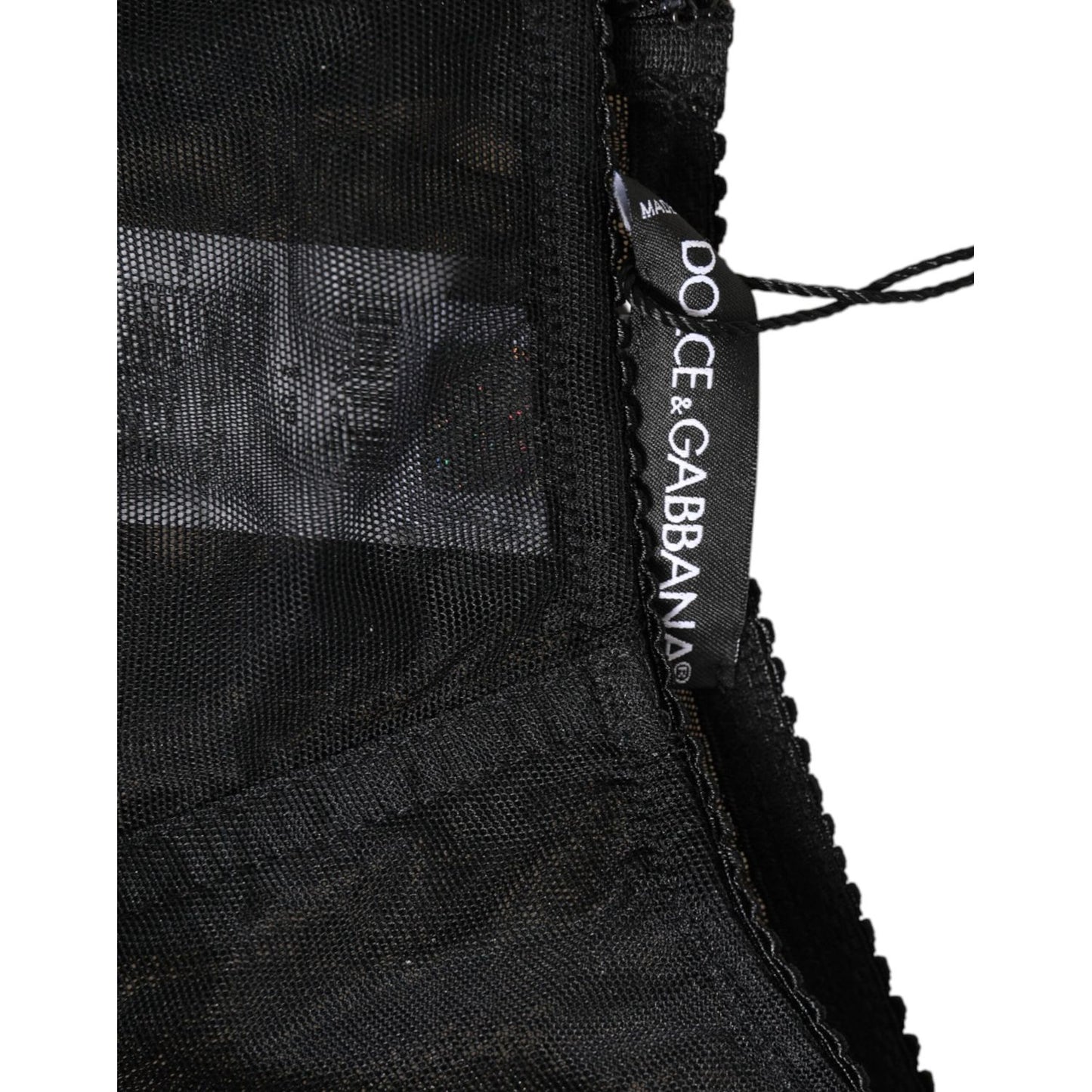 Dolce & Gabbana Black High Waist Mesh Sheer Shapewear Underwear detail with logo tag, elegant Italian design.